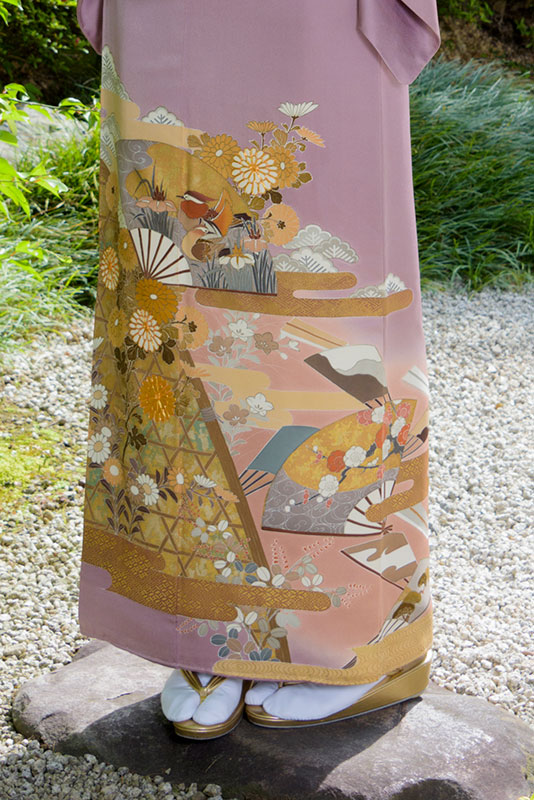 色留袖＊袷着物 芝垣に菊松竹模様 略礼装 灰紫色 背紋落款有 正絹＊25H38 fukufukukimono_tt37855-241109zm