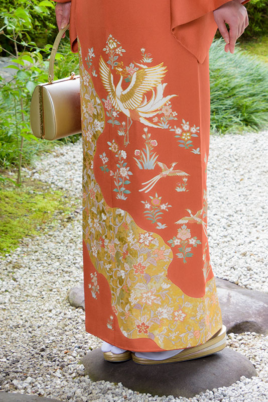 orange★留袖ワンピース　3L/120 正絹　紗綾形の地模様　Y作 朱地 金鶏 更紗