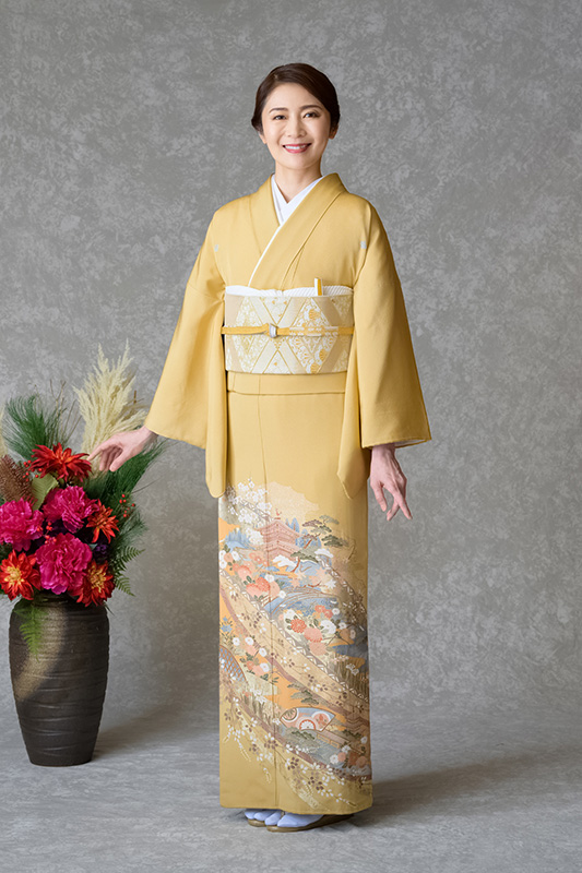 色留袖レンタル フルセット 茶 檜扇秋草に松（五つ紋）｜京都