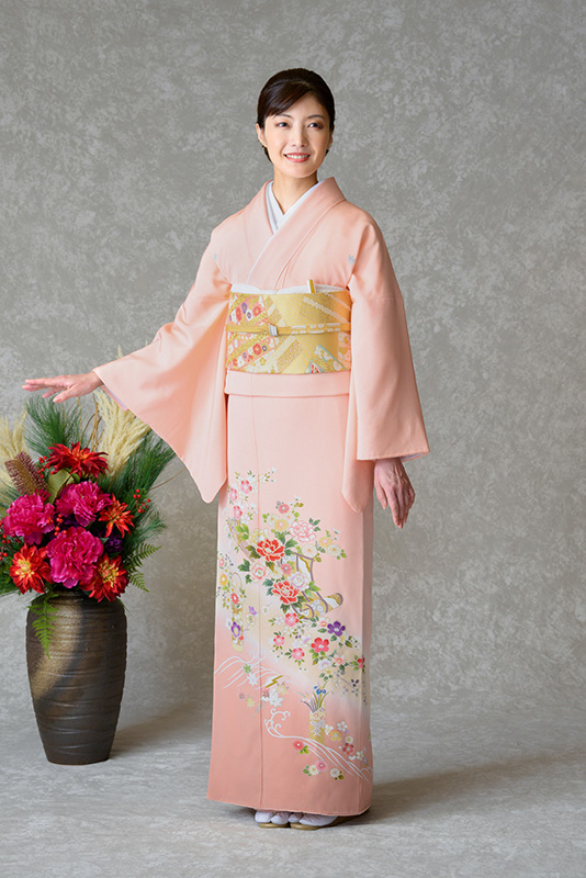 特価商品  色留袖レンタル フルセット サーモンピンク 牡丹に花筒扇 着物・浴衣