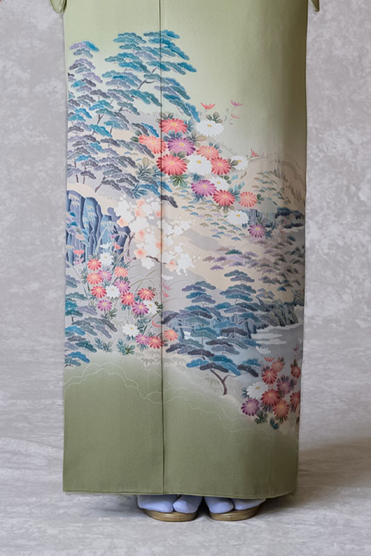 色留袖レンタル フルセット 抹茶 松に菊（五つ紋）｜京都 KIMONO STYLE