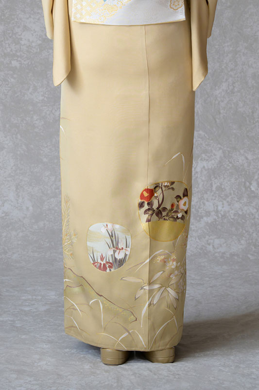 色留袖レンタル フルセット 黄土色 金駒菊に笹松（五つ紋）｜京都