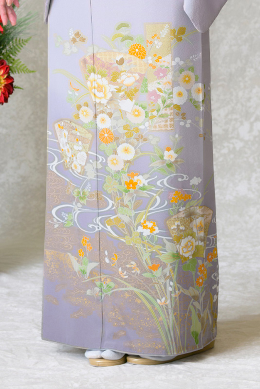 色留袖レンタル フルセット ラベンダーグレー 地紙 短冊 牡丹菊