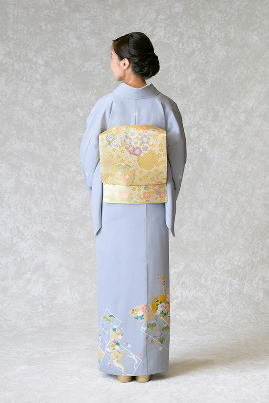 色留袖レンタル フルセット グレー 地紙 牡丹 橘（五つ紋）｜京都
